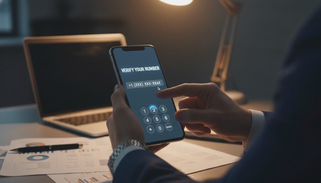 A close-up view of a smartphone displaying a phone number verification screen, featuring a sleek interface with a numeric keypad and a blinking cursor. The foreground shows a person's hands, wearing professional business attire, poised over the phone, ready to enter their number. In the middle, a blurred view of a dimly lit office environment with a laptop and paperwork, suggesting a moment of urgency and focus. The background is softly illuminated by a desk lamp, casting a warm light that creates an intimate yet serious atmosphere. The overall mood conveys diligence and the importance of securing one's account through verification, highlighting both the technology and the human element involved in the process.