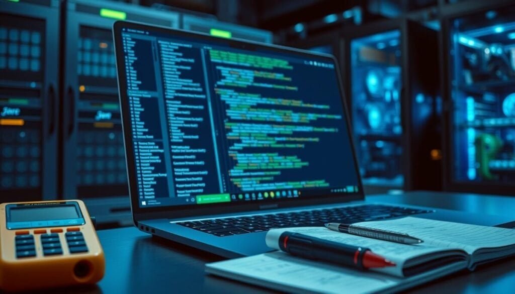 A close-up view of a sophisticated debugging tool interface displayed on a computer screen, glowing in soft blue and green hues. The foreground features a well-organized workspace with a sleek, modern laptop surrounded by technical gadgets like a multimeter and a notebook filled with code annotations. In the middle ground, the screen shows lines of code, error messages, and graphical debugging elements rendered in a dynamic style, evoking a sense of high-tech troubleshooting. The background includes blurred images of server racks and electronic components, creating a busy, professional environment. The lighting is dim but focused, highlighting the screen's details, with a hint of ambient light casting soft shadows, promoting an atmosphere of concentration and problem-solving.