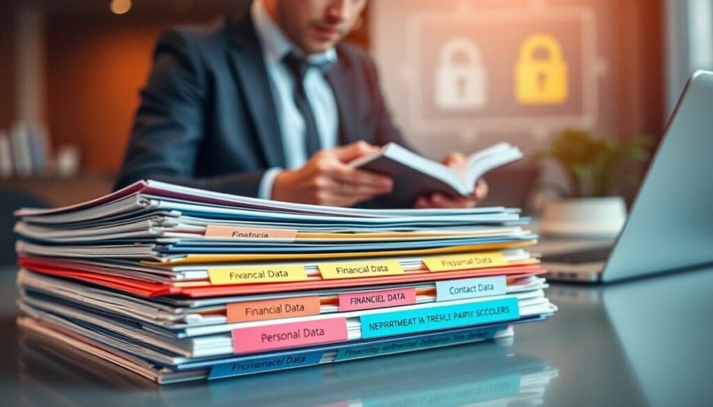 A close-up view of a stack of organized data privacy files on a sleek, modern desk. The foreground features a variety of colorful folders labeled with icons representing personal data categories, such as financial records and contact information. In the middle, a professional person in business attire is reviewing the files, with a focused expression while taking notes in a notebook. The background softly blurs, showing a contemporary office space with subtle technology elements, like a laptop and a digital privacy lock image on the screen. Warm, ambient lighting enhances a sense of professionalism and trust. The composition, shot from a slightly elevated angle, evokes a secure and organized atmosphere, emphasizing data management and privacy.