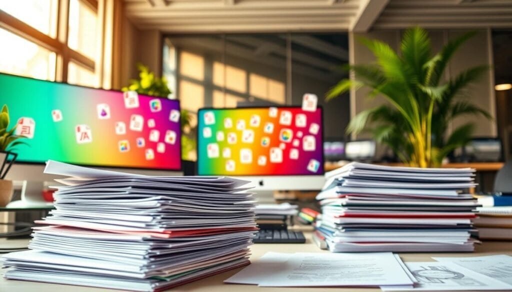 A cluttered desk scene showcasing various digital file types, such as PDFs, Word documents, and spreadsheets, displayed on colorful screens of multiple monitors. In the foreground, a neatly organized stack of printed files and folders. The middle section features a modern workspace with a sleek computer setup, emphasizing vibrant icons of different file formats floating around the screens. The background fades into soft focus, revealing a stylish office environment with potted plants and daylight streaming through a large window, casting gentle shadows. The overall atmosphere is professional and dynamic, highlighting innovation and efficiency in data management. Warm lighting enhances the inviting feel, and the perspective is slightly elevated, capturing the essence of a cutting-edge work environment.