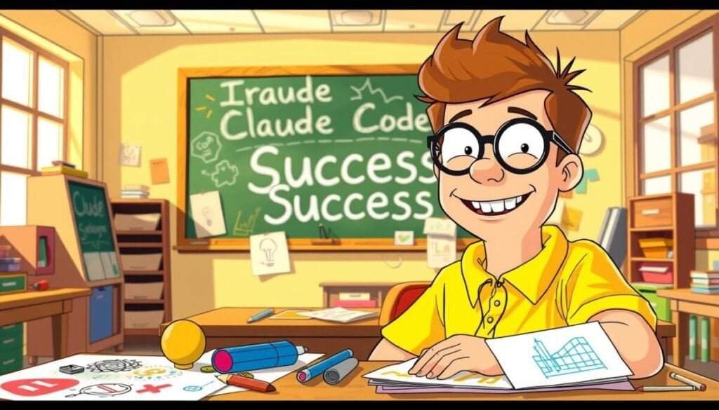 A colorful, whimsical scene featuring Ralph Wiggum, a cheerful young boy with a bright yellow shirt and oversized glasses, sitting at a desk cluttered with creative projects and sketches. The foreground showcases Ralph smiling, surrounded by vibrant drawings of inventions and success icons, like light bulbs and graphs depicting growth. In the middle, a large chalkboard displays colorful diagrams and notes labeled "Claude Code Success" in playful lettering. The background reveals an inviting classroom with warm lighting filtering through large windows, casting soft shadows. The atmosphere is lively and optimistic, capturing a sense of playful imagination and achievement, perfect for illustrating a moment of creative inspiration and success.