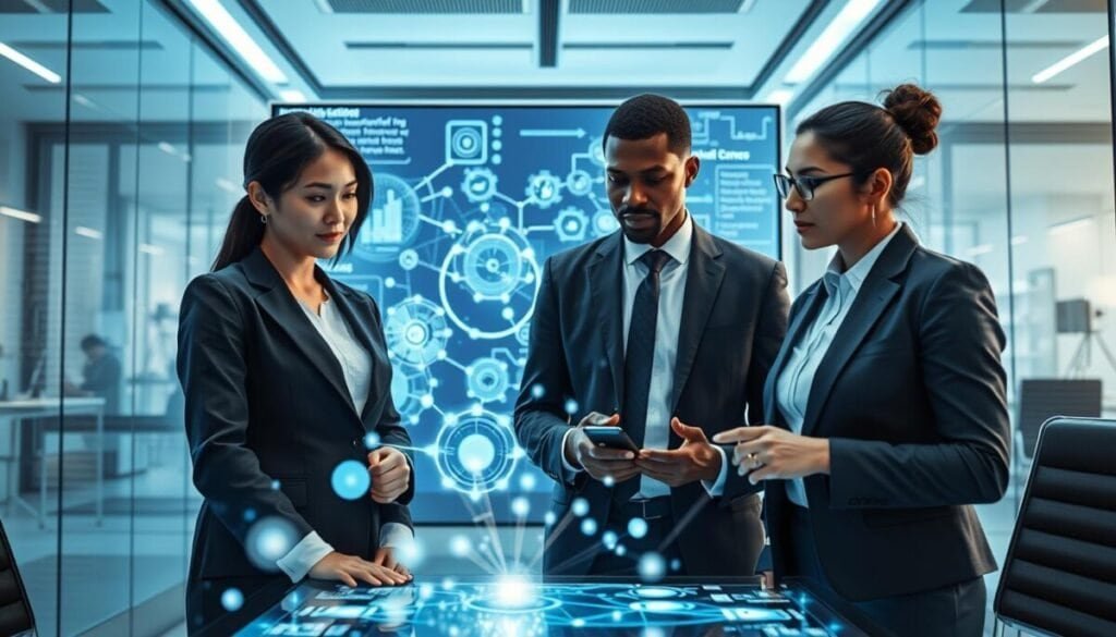 A conceptual illustration representing the "Model Context Protocol" in a high-tech environment. In the foreground, a diverse group of three professionals in smart business attire (one woman of Asian descent, one man of African descent, and one woman of Hispanic descent) collaboratively discuss displayed holographic data streams, showcasing interconnected nodes and complex diagrams. In the middle ground, a large digital screen shows abstract representations of reasoning processes and model interactions, pulsing with light. The background features a sleek, modern office with glass walls and soft blue ambient lighting to create a futuristic atmosphere. The perspective is angled slightly from above, providing a dynamic viewpoint of the scene. The mood is focused and innovative, reflecting deep thought and teamwork.
