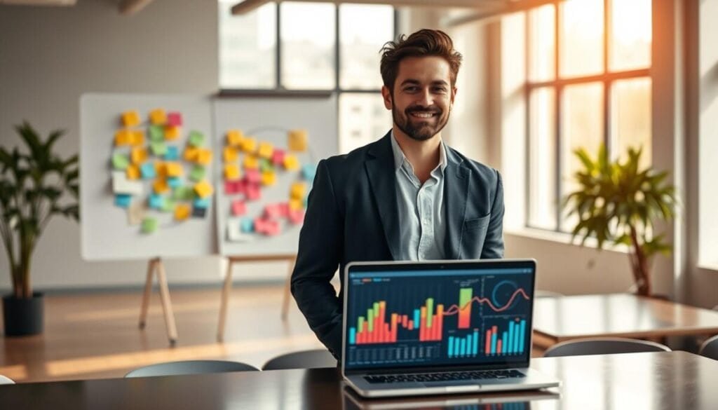A confident business professional standing in an open office environment, with a slight smile and relaxed posture, dressed in a smart blazer and casual shirt. In the foreground, a sleek desk features a laptop displaying vibrant graphs and data visuals, symbolizing clarity and insight. In the middle ground, a whiteboard filled with colorful sticky notes and diagrams reflects strategic thinking and organization. The background showcases large windows letting in natural light, casting a warm glow across the room. The atmosphere is dynamic and inspiring, highlighting an air of professionalism and optimism. The angle is a slightly elevated view, capturing the essence of confidence in managing data accuracy and insights.