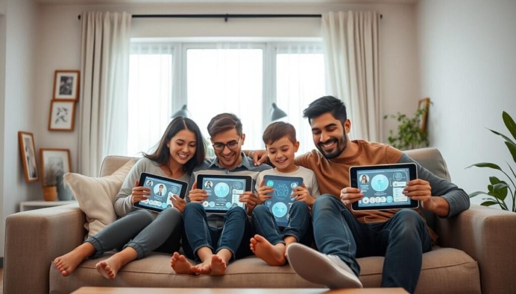 A cozy, modern family living room scene filled with warmth and connection. In the foreground, a diverse family of four—two adults and two children—sitting together on a comfortable couch, each using a device displaying digital interfaces symbolizing various AI services. The middle ground features a large window with soft natural light streaming in, enhancing the inviting atmosphere. In the background, minimalist décor with family pictures and a plant adds a touch of homeliness. The camera angle is slightly elevated, providing a clear view of the family interaction, while the lighting creates a harmonious and optimistic mood, suggesting the evolution of technology towards inclusive family plans in AI services.