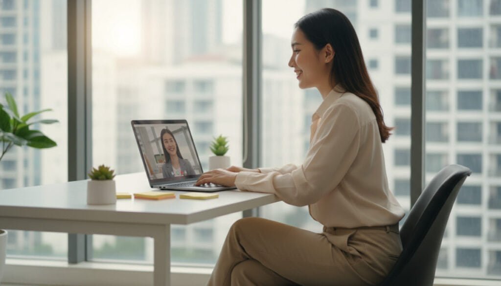 A cozy, modern office setting that embodies the essence of personal customer support. In the foreground, a friendly customer support agent, a woman in professional attire, sits at a sleek desk with a laptop open, her expression warm and inviting as she engages with a customer via video call. In the middle, we see colorful post-it notes and a small potted plant on the desk, symbolizing organization and care. In the background, there’s a large window letting in soft, natural light, with cityscape views that suggest a bustling work environment. The lighting is bright yet soft, creating an approachable and positive atmosphere that highlights the importance of personalized support in small business customer service. A cozy, modern office setting that embodies the essence of personal customer support. In the foreground, a friendly customer support agent, a woman in professional attire, sits at a sleek desk with a laptop open, her expression warm and inviting as she engages with a customer via video call. In the middle, we see colorful post-it notes and a small potted plant on the desk, symbolizing organization and care. In the background, there’s a large window letting in soft, natural light, with cityscape views that suggest a bustling work environment. The lighting is bright yet soft, creating an approachable and positive atmosphere that highlights the importance of personalized support in small business customer service.