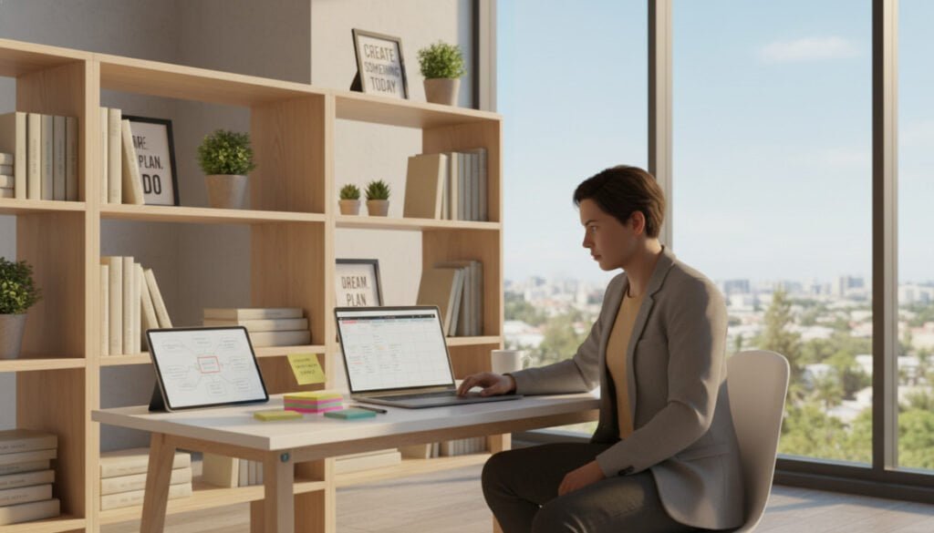 A cozy, modern workspace filled with vibrant colors and natural light. In the foreground, a focused solo creator, dressed in business casual attire, sits at a sleek desk with a laptop open, displaying an organized content calendar. Next to the laptop are sticky notes and a digital tablet, showcasing ideas and tasks. In the middle ground, shelves filled with books and inspirational quotes create an atmosphere of creativity and productivity. In the background, a large window reveals a bright, sunny day, adding a sense of optimism. The lighting is warm and inviting, enhancing the feeling of motivation and focus. The scene encapsulates the essence of streamlining content queues, reflecting a professional yet approachable vibe.