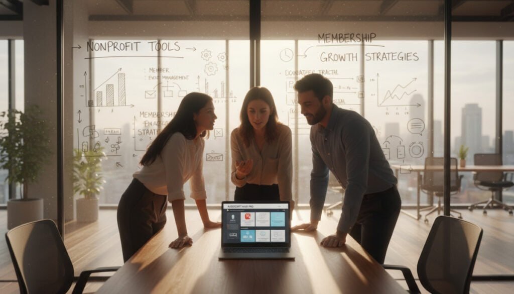 A cozy, modern workspace showcasing a digital membership site interface on a sleek laptop screen. The foreground features a diverse group of three professionals in business attire, discussing ideas enthusiastically. In the middle, a large whiteboard displays charts and infographics about associations and nonprofit tools. The background reveals a bright office space with large windows, sunlight streaming in, casting a warm glow over the scene. Soft shadows create an inviting atmosphere, making the space feel both collaborative and productive. The composition captures creativity and professionalism, emphasizing the importance of specialized tools for associations and nonprofits. The angle is slightly above eye level, providing an engaging perspective on the scene. A cozy, modern workspace showcasing a digital membership site interface on a sleek laptop screen. The foreground features a diverse group of three professionals in business attire, discussing ideas enthusiastically. In the middle, a large whiteboard displays charts and infographics about associations and nonprofit tools. The background reveals a bright office space with large windows, sunlight streaming in, casting a warm glow over the scene. Soft shadows create an inviting atmosphere, making the space feel both collaborative and productive. The composition captures creativity and professionalism, emphasizing the importance of specialized tools for associations and nonprofits. The angle is slightly above eye level, providing an engaging perspective on the scene.