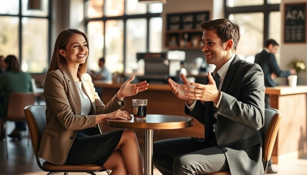 A cozy, sunlit café setting with two human-like figures sitting across from each other at a small table, engaged in a lively and friendly conversation. The first figure, a young woman in a smart casual outfit, smiles warmly, while the second figure, a young man in professional business attire, gestures animatedly, creating a sense of energy and enthusiasm. The background features soft blurred elements of the café, like other patrons and barista counter, adding depth. Natural lighting filters through large windows, casting gentle shadows and creating a welcoming atmosphere. The camera angle is slightly above eye level to capture the friendly expressions and dynamic interaction, emphasizing the warmth of human connection enhanced by AI.