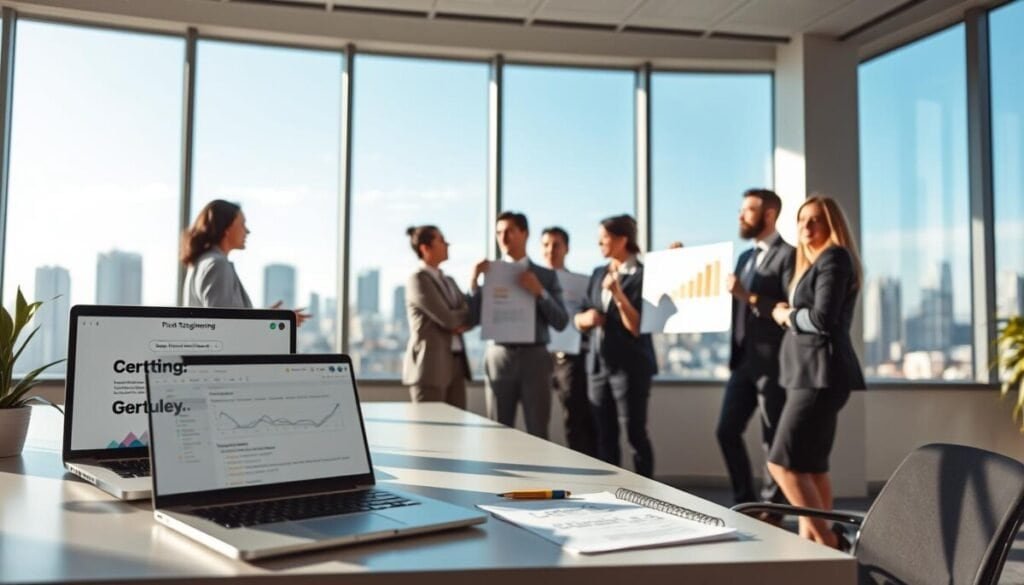 A creative workspace illustrating "prompt engineering," featuring a modern office setting in the foreground with a sleek desk, a laptop displaying a text-to-image generation interface, and a notepad filled with brainstorming ideas. In the middle, a diverse group of professionals, dressed in smart business attire, collaborate enthusiastically, exchanging ideas and pointing at charts showing growth analytics. The background showcases a large window with cityscape views under a clear blue sky, providing a bright and airy atmosphere. Soft, diffused lighting casts gentle shadows, enhancing the productive mood. A subtle sense of innovation and teamwork permeates the scene, highlighting the concept of engineering high-performance prompts. A creative workspace illustrating "prompt engineering," featuring a modern office setting in the foreground with a sleek desk, a laptop displaying a text-to-image generation interface, and a notepad filled with brainstorming ideas. In the middle, a diverse group of professionals, dressed in smart business attire, collaborate enthusiastically, exchanging ideas and pointing at charts showing growth analytics. The background showcases a large window with cityscape views under a clear blue sky, providing a bright and airy atmosphere. Soft, diffused lighting casts gentle shadows, enhancing the productive mood. A subtle sense of innovation and teamwork permeates the scene, highlighting the concept of engineering high-performance prompts.