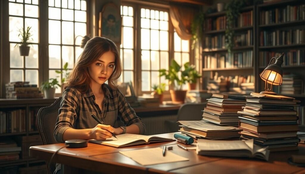 A creative writing character sits at a rustic wooden desk in a cozy, inviting study filled with books and notes. In the foreground, a thoughtful young woman in professional casual attire sketches ideas in a notebook, with a warm glow of a vintage lamp illuminating her focused expression. The middle layer features an inviting atmosphere, with shelves lined with fantasy novels, plants, and stacks of papers sprawled across the desk, hinting at a world in development. In the background, large windows let in soft, golden light of a late afternoon, casting gentle shadows and creating a serene ambiance. The overall mood conveys creativity and inspiration, emphasizing the process of character development and worldbuilding. A creative writing character sits at a rustic wooden desk in a cozy, inviting study filled with books and notes. In the foreground, a thoughtful young woman in professional casual attire sketches ideas in a notebook, with a warm glow of a vintage lamp illuminating her focused expression. The middle layer features an inviting atmosphere, with shelves lined with fantasy novels, plants, and stacks of papers sprawled across the desk, hinting at a world in development. In the background, large windows let in soft, golden light of a late afternoon, casting gentle shadows and creating a serene ambiance. The overall mood conveys creativity and inspiration, emphasizing the process of character development and worldbuilding.