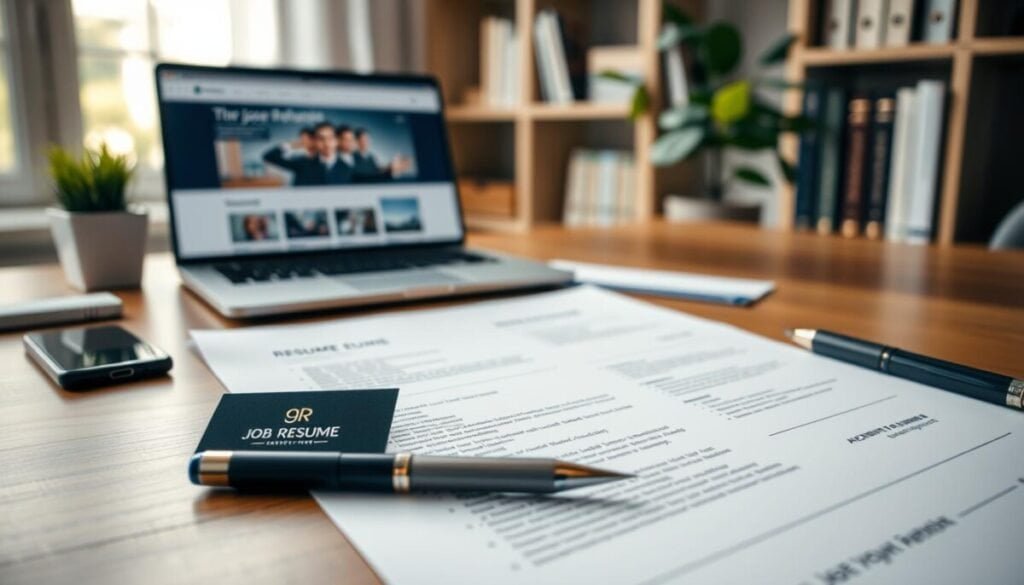 A detailed and elegant resume laid out on a wooden desk, showcasing a professional layout. In the foreground, a pen rests beside the resume, and a stylish business card with a logo is partially visible. In the middle ground, a laptop displays a job-search webpage, hinting at ongoing job applications. The background features soft-focus bookshelves with career-related books and a green indoor plant, adding a touch of life. Natural light filters through a nearby window, creating a warm and inviting atmosphere. The overall mood conveys professionalism and a sense of purpose, ideal for someone optimizing their resume to attract specific job roles.