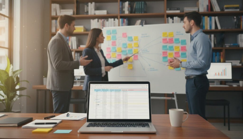 A detailed and organized office space showcasing a comprehensive content inventory for an SEO audit. In the foreground, a neatly arranged desk with a laptop open to a spreadsheet filled with data and content metrics. In the middle, a large whiteboard is visible, covered with colorful sticky notes representing various content pieces, categorized by performance. A group of three professionals, dressed in business attire, are discussing strategies while pointing at the whiteboard, exuding a collaborative atmosphere. The background features shelves filled with books on digital marketing and SEO tools, soft natural lighting coming through a window, creating a focused yet inviting mood. The image captures a dynamic, productive workspace that embodies teamwork and analytical thinking. A detailed and organized office space showcasing a comprehensive content inventory for an SEO audit. In the foreground, a neatly arranged desk with a laptop open to a spreadsheet filled with data and content metrics. In the middle, a large whiteboard is visible, covered with colorful sticky notes representing various content pieces, categorized by performance. A group of three professionals, dressed in business attire, are discussing strategies while pointing at the whiteboard, exuding a collaborative atmosphere. The background features shelves filled with books on digital marketing and SEO tools, soft natural lighting coming through a window, creating a focused yet inviting mood. The image captures a dynamic, productive workspace that embodies teamwork and analytical thinking.