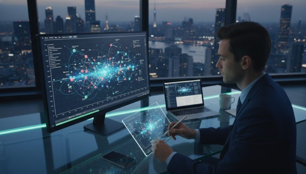 A detailed and vibrant digital illustration of a knowledge graph monitoring system. In the foreground, a sophisticated computer screen displays a dynamic, multi-colored knowledge graph with connecting nodes and lines representing entities and their relationships. A professional individual in business attire observes the screen intently, jotting down notes on a tablet. In the middle ground, a sleek desk is adorned with high-tech gadgets, including a laptop and a smartphone, emphasizing a modern workspace. The background features a glass office with a panoramic view of a city skyline, illuminated by soft, ambient lighting, creating a focused yet inspiring atmosphere. The camera angle is slightly elevated, capturing the graph and the professional's engaged expression, while hints of blue and green lighting enhance the mood of innovation and strategic thinking. A detailed and vibrant digital illustration of a knowledge graph monitoring system. In the foreground, a sophisticated computer screen displays a dynamic, multi-colored knowledge graph with connecting nodes and lines representing entities and their relationships. A professional individual in business attire observes the screen intently, jotting down notes on a tablet. In the middle ground, a sleek desk is adorned with high-tech gadgets, including a laptop and a smartphone, emphasizing a modern workspace. The background features a glass office with a panoramic view of a city skyline, illuminated by soft, ambient lighting, creating a focused yet inspiring atmosphere. The camera angle is slightly elevated, capturing the graph and the professional's engaged expression, while hints of blue and green lighting enhance the mood of innovation and strategic thinking.