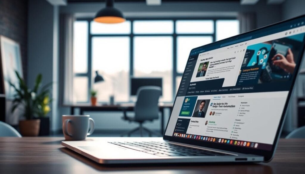 A detailed digital workspace scene showcasing multiple browser tabs effectively managed. In the foreground, a sleek laptop with an open screen displays a neatly organized tab interface, showcasing various web pages related to automation. The middle ground features a comfortable office setting, with a modern desk, a potted plant, and a coffee cup, creating a productive atmosphere. In the background, a large window allows natural light to flood the room, casting soft shadows that enhance the clarity of the workspace. The mood is focused and efficient, suggesting a tech-savvy professional engaged in task automation. The overall color palette is warm and inviting, combining soft blues and browns, to emphasize a productive yet cozy environment.