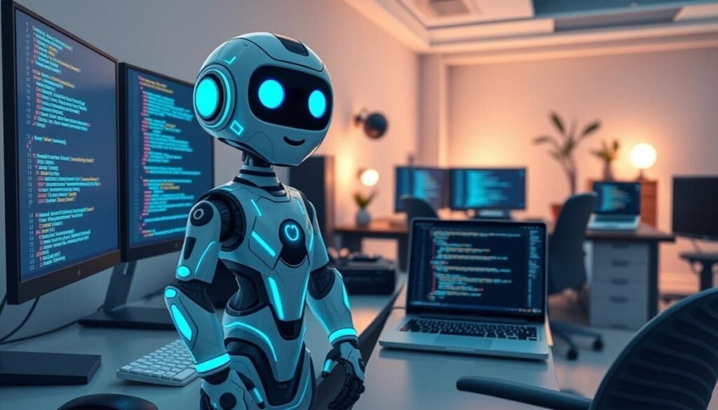 A detailed illustration of a local coding agent named "Claude," personified as a friendly, humanoid robot with a sleek design and glowing blue accents. In the foreground, Claude stands confidently at a modern workstation, surrounded by coding screens filled with colorful lines of code, a subtle glow illuminating the room. The middle ground features various tech gadgets, like keyboards and monitors, along with an open laptop displaying a friendly interface for coding. The background showcases a cozy, well-lit tech office with soft, warm lighting, reflecting a productive atmosphere. The overall mood is inspiring and innovative, inviting viewers into the world of coding and technology. The composition captures an angle that emphasizes both Claude's engaging presence and the vibrant coding environment.