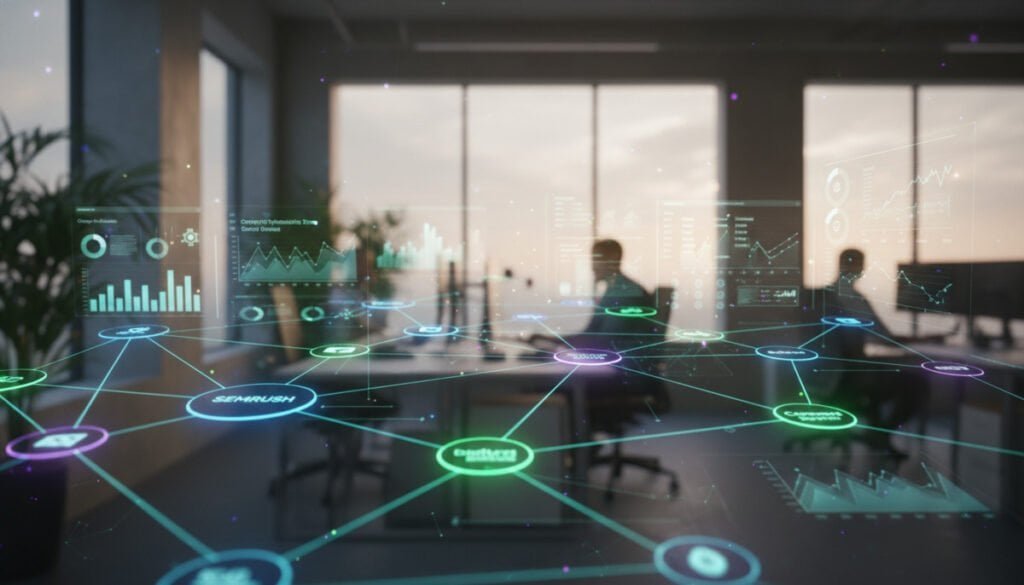A detailed knowledge graph illustrating connections between various entities related to SEO and topical authority. In the foreground, vibrant nodes represent different SEO tools and concepts, connected by glowing lines. The middle ground features analytical graphs and charts highlighting content optimization and internal linking strategies. The background showcases a blurred, modern office space, filled with soft natural light streaming through large windows, creating an inspiring and professional atmosphere. The camera angle is slightly tilted upwards, emphasizing the growth and expansion of knowledge. The overall mood is innovative and forward-thinking, evoking a sense of expertise and authority in digital marketing. No text or branding is included. A detailed knowledge graph illustrating connections between various entities related to SEO and topical authority. In the foreground, vibrant nodes represent different SEO tools and concepts, connected by glowing lines. The middle ground features analytical graphs and charts highlighting content optimization and internal linking strategies. The background showcases a blurred, modern office space, filled with soft natural light streaming through large windows, creating an inspiring and professional atmosphere. The camera angle is slightly tilted upwards, emphasizing the growth and expansion of knowledge. The overall mood is innovative and forward-thinking, evoking a sense of expertise and authority in digital marketing. No text or branding is included.