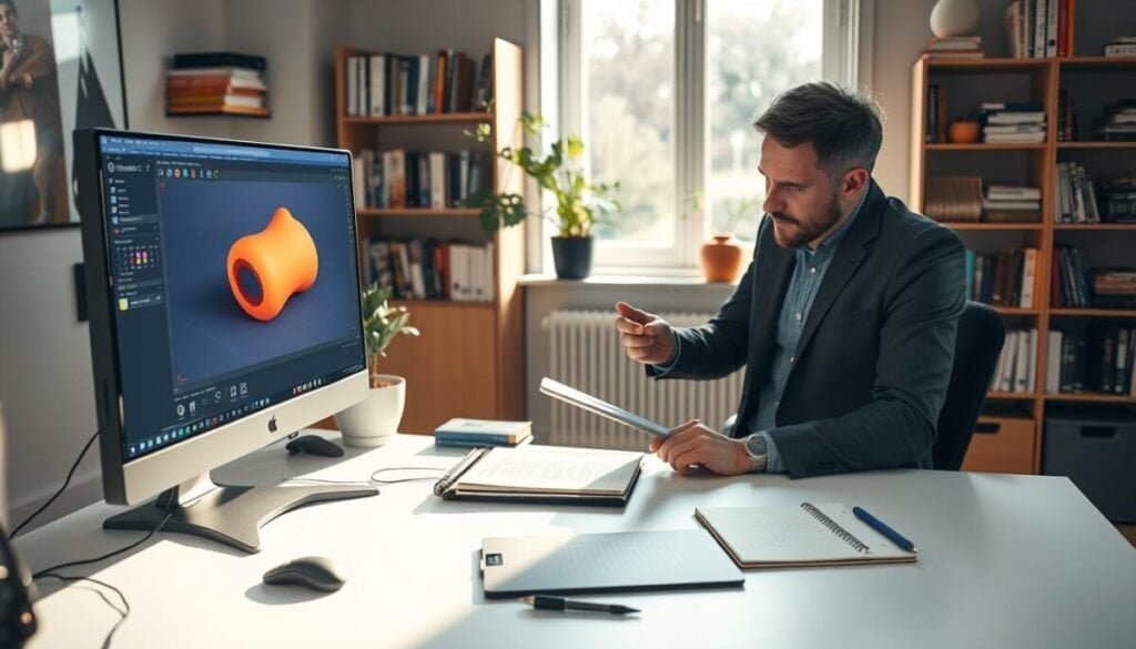 A detailed scene showcasing a professional workspace for setting up a 3D model using Blender and Claude, with a clean, organized desk in the foreground. The desk features a high-resolution monitor displaying the Blender interface, with a vibrant 3D model on the screen, and various modeling tools like a graphics tablet and sketchbook. In the middle ground, a focused individual in smart casual attire is engaged in the setup process, examining the model from different angles. The background consists of shelves filled with design books and a potted plant, adding a touch of greenery. Soft, natural light streams in from a nearby window, casting gentle shadows and creating an inspiring, productive atmosphere. The image conveys a sense of collaboration and creativity in 3D modeling.
