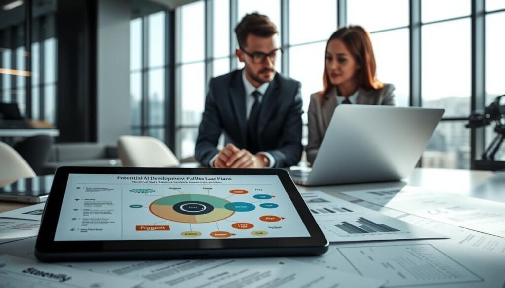 A detailed security plan layout displayed on a modern desk, featuring charts, graphs, and strategic outlines. In the foreground, a tablet showing a colorful flowchart of potential AI development pitfalls, while a laptop beside it displays code snippets. In the middle, a professional, focused person in business attire, analyzing documents and discussing with a colleague. The background includes a sleek office environment with large windows allowing natural light to flood in, creating a bright and optimistic atmosphere. Soft shadows provide depth to the scene. The overall mood is serious yet collaborative, emphasizing careful planning and proactive measures in technology development. A detailed security plan layout displayed on a modern desk, featuring charts, graphs, and strategic outlines. In the foreground, a tablet showing a colorful flowchart of potential AI development pitfalls, while a laptop beside it displays code snippets. In the middle, a professional, focused person in business attire, analyzing documents and discussing with a colleague. The background includes a sleek office environment with large windows allowing natural light to flood in, creating a bright and optimistic atmosphere. Soft shadows provide depth to the scene. The overall mood is serious yet collaborative, emphasizing careful planning and proactive measures in technology development.