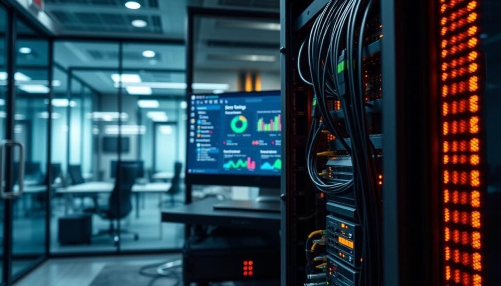 A detailed view of a modern MCP server configuration setup. In the foreground, a sleek, high-tech server rack with glowing LED indicators and neatly organized network cables, showcasing its advanced components. In the middle, a computer screen displays a user-friendly interface of the service settings panel, with colorful graphs and performance metrics. In the background, a high-tech office space with glass walls and dim ambient lighting, enhancing the focus on the server. The atmosphere is professional and efficient, conveying a sense of cutting-edge technology. The image is captured with a shallow depth of field, emphasizing the server itself, while subtle reflections on the glass surfaces add a polished look to the scene.