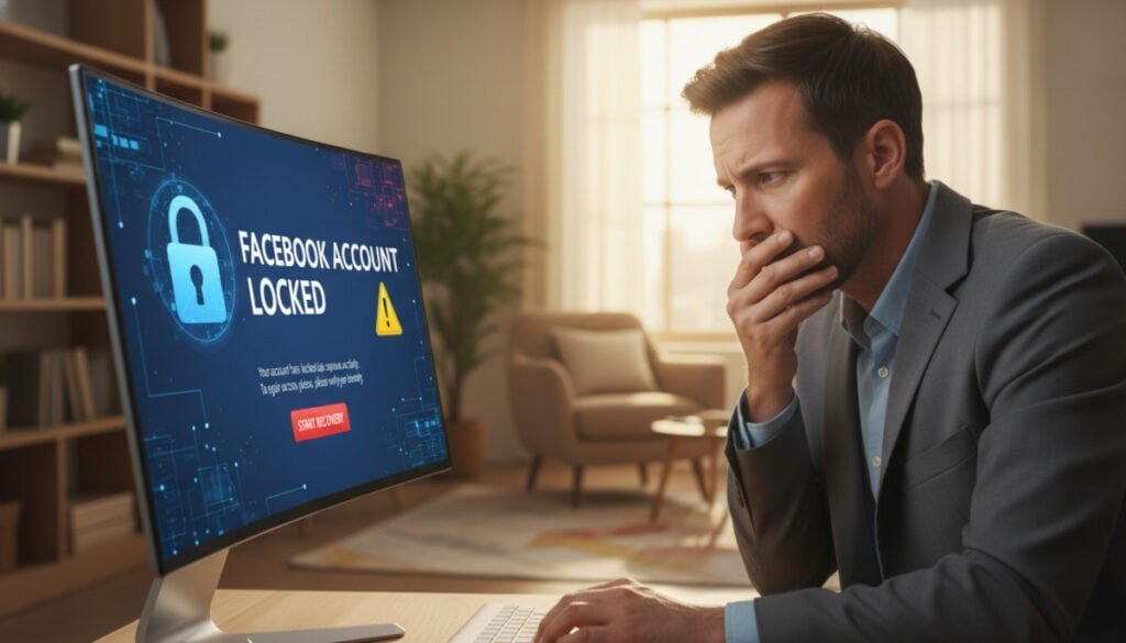 A digital illustration depicting a computer screen displaying a "Facebook Account Locked" notification prominently in the foreground. The screen should have a sleek, modern design, with elements indicating security, like a padlock icon or warning sign. In the middle ground, include a concerned individual in professional business attire, expressing confusion or frustration, peering closely at the screen. The background should showcase a cozy home office with soft, natural lighting streaming through a window, creating a warm atmosphere. Use a shallow depth of field to focus on the screen and the individual, capturing their expression as they navigate this distressing situation. The overall mood should evoke urgency and concern, highlighting the issue of account access recovery.