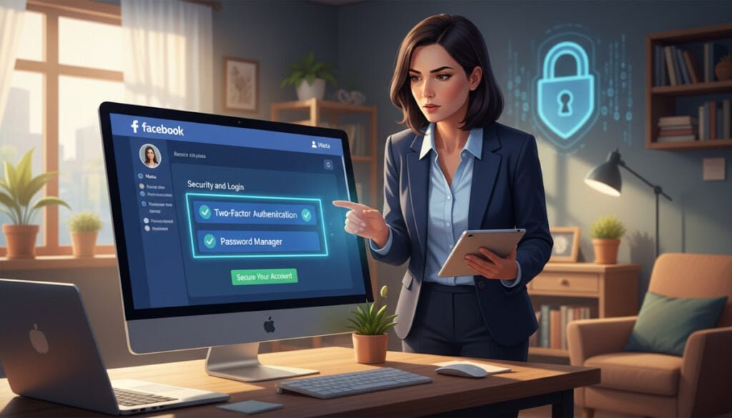 A digital illustration depicting a computer screen displaying a Facebook account page. In the foreground, the screen shows security settings, with features like two-factor authentication and a password manager highlighted. The middle layer includes a focused, professional-looking businessperson wearing smart casual attire, reviewing their account through the screen. The background consists of an inviting home office environment with soft, warm lighting, a desk with a laptop, and security-themed decor, such as a padlock and shield icon on a wall. The mood is focused and secure, emphasizing the importance of online safety and vigilance. Use a slightly elevated angle to provide depth and ensure clarity of the Facebook account details.