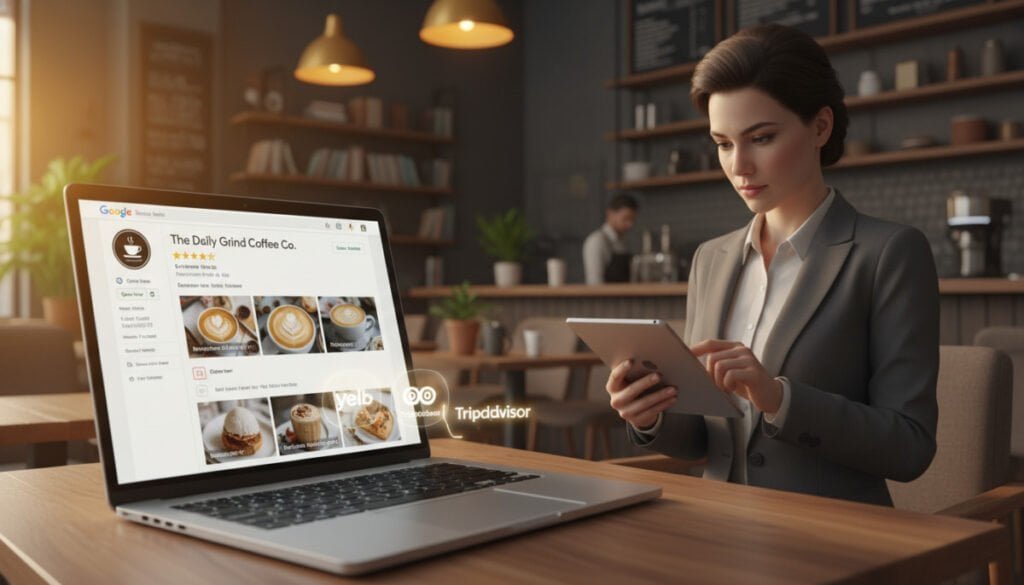 A digital representation of a Google Business Profile showcasing a vibrant local business setting. In the foreground, a sleek laptop displays an open Google Business Profile page filled with business details, photos, and customer reviews. Surrounding the laptop, there are small vignettes of local citations like Yelp and TripAdvisor logos, emphasizing local SEO. In the middle ground, a professional looking person in business attire is reviewing the profile on a tablet, focused and engaged. The background features a cozy coffee shop with warm lighting and inviting decorations, creating a friendly atmosphere. The lighting is soft and warm, simulating a late afternoon glow, highlighting both the technology and the welcoming environment. This image conveys an optimistic and professional approach to optimizing online local presence.