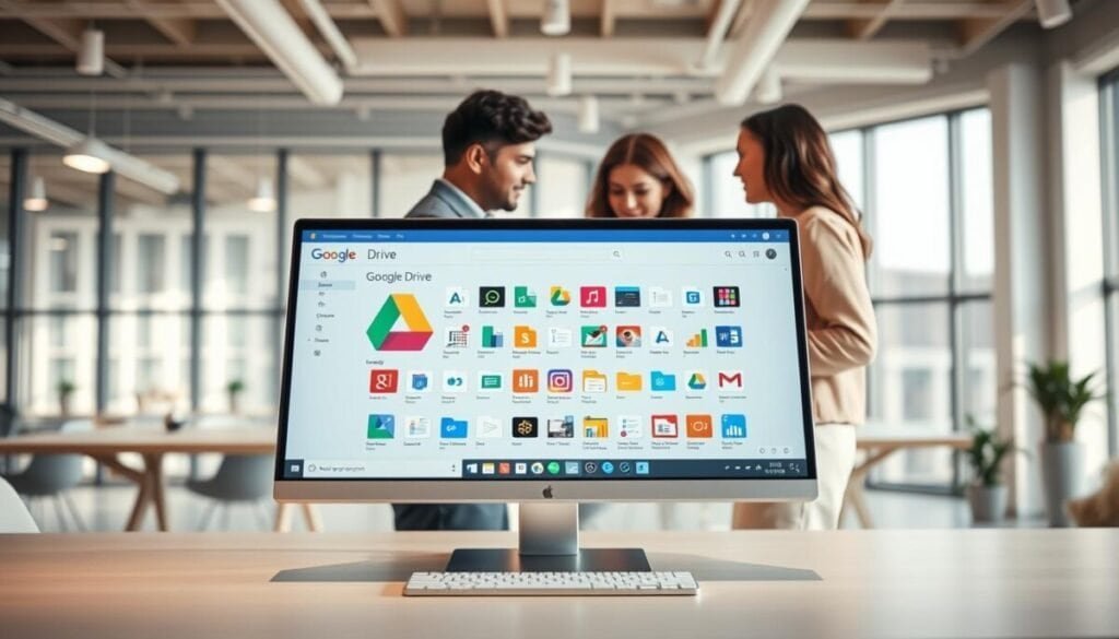 A digital workspace scene illustrating Google Drive, with a sleek computer on a modern desk in the foreground, showcasing the Google Drive interface filled with colorful file icons. In the middle ground, a diverse group of three professionals in business attire are collaborating around the desk, discussing files displayed on the screen, exuding a sense of teamwork and innovation. The background features a bright and airy office environment with large windows allowing natural light to flood in, creating an inspiring and productive atmosphere. The lighting is soft but bright, enhancing the clarity and vibrancy of the Google Drive interface. A warm, motivating mood is present, inviting viewers to engage with technology in a collaborative way. A digital workspace scene illustrating Google Drive, with a sleek computer on a modern desk in the foreground, showcasing the Google Drive interface filled with colorful file icons. In the middle ground, a diverse group of three professionals in business attire are collaborating around the desk, discussing files displayed on the screen, exuding a sense of teamwork and innovation. The background features a bright and airy office environment with large windows allowing natural light to flood in, creating an inspiring and productive atmosphere. The lighting is soft but bright, enhancing the clarity and vibrancy of the Google Drive interface. A warm, motivating mood is present, inviting viewers to engage with technology in a collaborative way.
