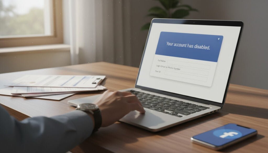 A digital workspace set in a cozy, well-lit office with a clean desk featuring a laptop displaying a disabled Facebook account screen. The foreground includes a hand reaching out, poised above the laptop keyboard, symbolizing the action of filling out a request form. In the middle background, there are blurred images of paperwork and a smartphone showing the Facebook app, highlighting the user’s options for recovery. Soft, natural lighting filters through a window, creating a warm atmosphere that conveys a sense of patience and hope. The overall mood is professional and contemplative, inviting viewers to reflect on the appeals process while maintaining a polished and organized aesthetic. A digital workspace set in a cozy, well-lit office with a clean desk featuring a laptop displaying a disabled Facebook account screen. The foreground includes a hand reaching out, poised above the laptop keyboard, symbolizing the action of filling out a request form. In the middle background, there are blurred images of paperwork and a smartphone showing the Facebook app, highlighting the user’s options for recovery. Soft, natural lighting filters through a window, creating a warm atmosphere that conveys a sense of patience and hope. The overall mood is professional and contemplative, inviting viewers to reflect on the appeals process while maintaining a polished and organized aesthetic.