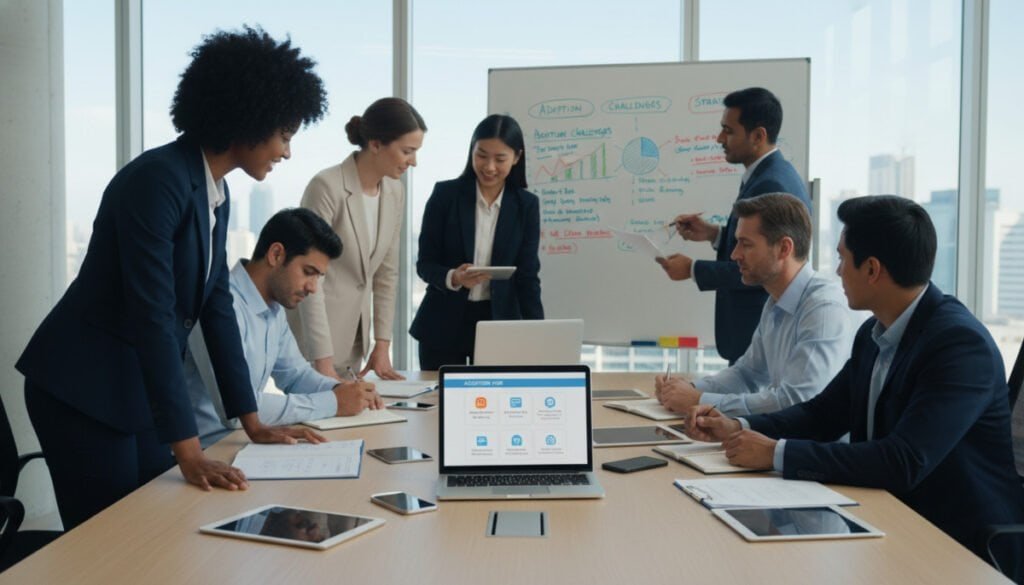 A diverse group of professional employees, both men and women, in business attire, collaborate around a large table scattered with digital devices and training manuals. In the foreground, a focused woman gestures toward a laptop displaying a training platform interface, while another colleague takes notes, displaying engagement and problem-solving. In the middle, a whiteboard filled with colorful charts and graphs illustrates progress on overcoming adoption challenges. The background features a bright, modern office environment with large windows allowing natural light to pour in, creating an optimistic atmosphere. Soft, diffused lighting highlights the collaboration and teamwork, with a slightly elevated angle capturing the dynamic interactions among the team members, conveying a strong sense of empowerment and optimism in overcoming obstacles. A diverse group of professional employees, both men and women, in business attire, collaborate around a large table scattered with digital devices and training manuals. In the foreground, a focused woman gestures toward a laptop displaying a training platform interface, while another colleague takes notes, displaying engagement and problem-solving. In the middle, a whiteboard filled with colorful charts and graphs illustrates progress on overcoming adoption challenges. The background features a bright, modern office environment with large windows allowing natural light to pour in, creating an optimistic atmosphere. Soft, diffused lighting highlights the collaboration and teamwork, with a slightly elevated angle capturing the dynamic interactions among the team members, conveying a strong sense of empowerment and optimism in overcoming obstacles.