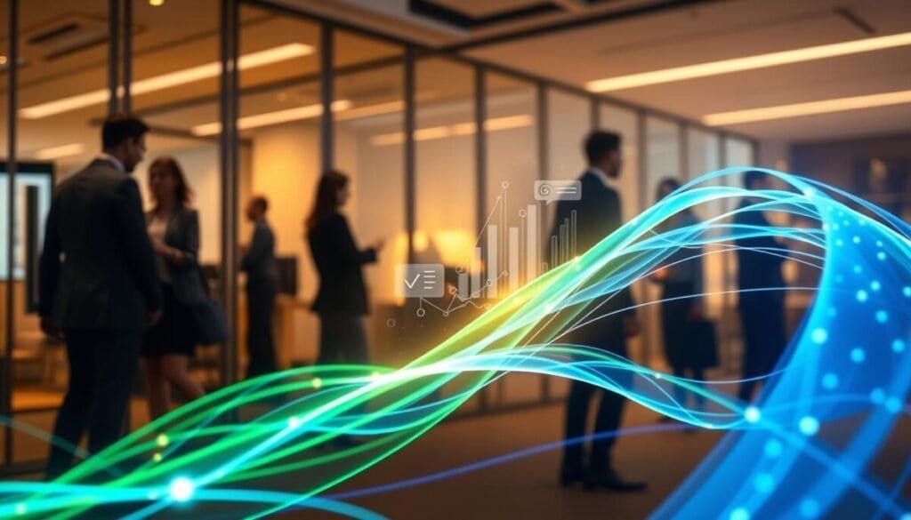 A dynamic and abstract representation of "agentic flows" in a business context. In the foreground, visualize sleek, glowing streams of data, represented as vibrant, flowing lines in shades of blue and green, symbolizing growth and advancement. In the middle, include digital elements like algorithms and charts emerging from the flows, indicating strategic insights and planning. The background should feature a modern office environment, with glass walls reflecting the hustle of a busy team collaborating, dressed in professional attire. Soft, focused lighting highlights the main subject, while a warm color palette creates an atmosphere of innovation and opportunity. A slight upward angle enhances the sense of forward momentum and progress, inviting viewers to perceive the potential in leveraging these advanced agentic flows for growth.