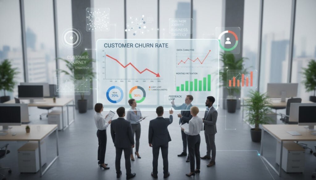 A dynamic and informative illustration of "customer churn rate" represented through an engaging infographic. In the foreground, a professional, diverse group of business analysts in business attire is viewing a large digital display screen featuring colorful graphs and charts indicating churn rate statistics. The middle ground showcases various data visualization elements, such as line graphs and pie charts, clearly relating to customer retention metrics. The background includes a modern office environment with large windows letting in soft, natural light, enhancing the atmosphere of professionalism and innovation. The image captures a sense of collaboration and analysis, filled with bright yet calm colors to convey clarity and insightfulness. Use a slight bird's-eye view angle to emphasize the data presentation while keeping the focus on the analysts' engagement with the information.