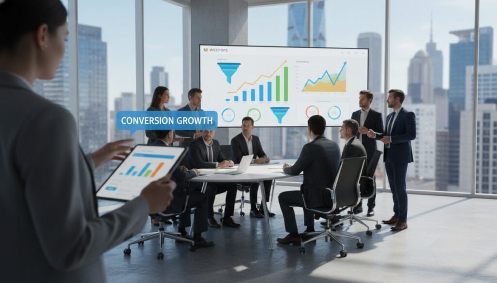 A dynamic and modern office environment featuring a diverse group of professionals engaged in a brainstorming session about lead generation strategies. In the foreground, a businesswoman in professional attire points at a digital tablet displaying data charts, signifying "conversion growth." In the middle ground, a diverse team of professionals—some seated, others standing—examines colorful visualizations on a large screen, with graphs indicating upward trends. The background features large windows with natural light flooding the room, casting soft shadows, and a city skyline in view. The atmosphere conveys a sense of innovation and collaboration, emphasizing focus and determination towards boosting conversions through Wisepops. Use bright, inviting colors with a slightly blurred focus for depth, captured from a slightly elevated angle to highlight the engagement of the participants.