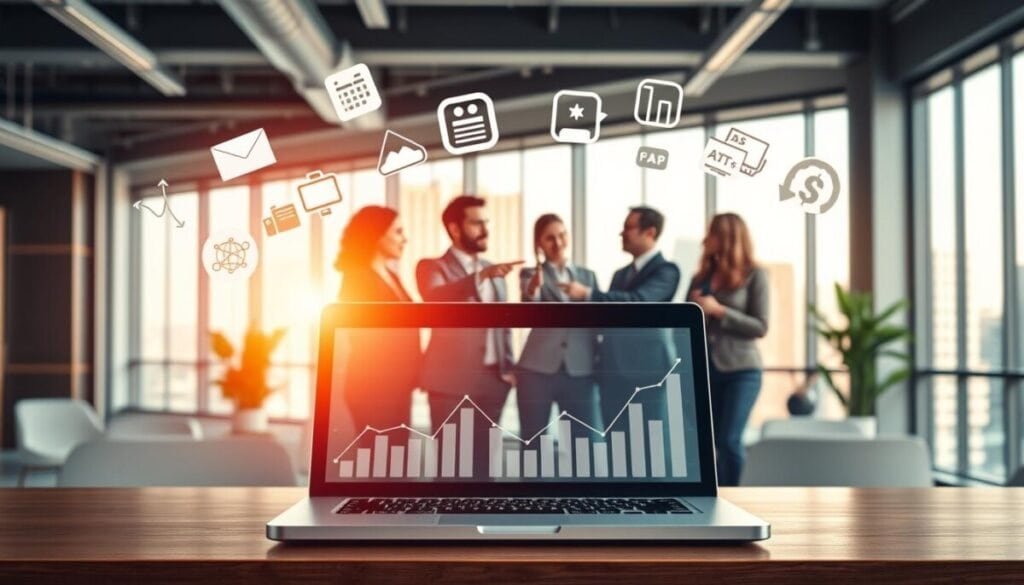 A dynamic and visually engaging illustration of a monetization model concept. In the foreground, an open laptop displaying graphs and charts representing revenue streams, surrounded by floating icons symbolizing various monetization strategies like subscriptions, ads, and affiliate marketing. In the middle, a diverse group of professionals in business attire, deeply engaged in a brainstorming session, pointing at the laptop and discussing ideas, showcasing collaboration and strategy. In the background, a modern office environment with large windows letting in warm, natural light, and cityscape views, creating an atmosphere of innovation and success. The overall mood is bright, inspiring, and focused on growth and forward-thinking business strategies. Shot from a slightly elevated angle to capture the hustle and bustle of a productive workspace. A dynamic and visually engaging illustration of a monetization model concept. In the foreground, an open laptop displaying graphs and charts representing revenue streams, surrounded by floating icons symbolizing various monetization strategies like subscriptions, ads, and affiliate marketing. In the middle, a diverse group of professionals in business attire, deeply engaged in a brainstorming session, pointing at the laptop and discussing ideas, showcasing collaboration and strategy. In the background, a modern office environment with large windows letting in warm, natural light, and cityscape views, creating an atmosphere of innovation and success. The overall mood is bright, inspiring, and focused on growth and forward-thinking business strategies. Shot from a slightly elevated angle to capture the hustle and bustle of a productive workspace.
