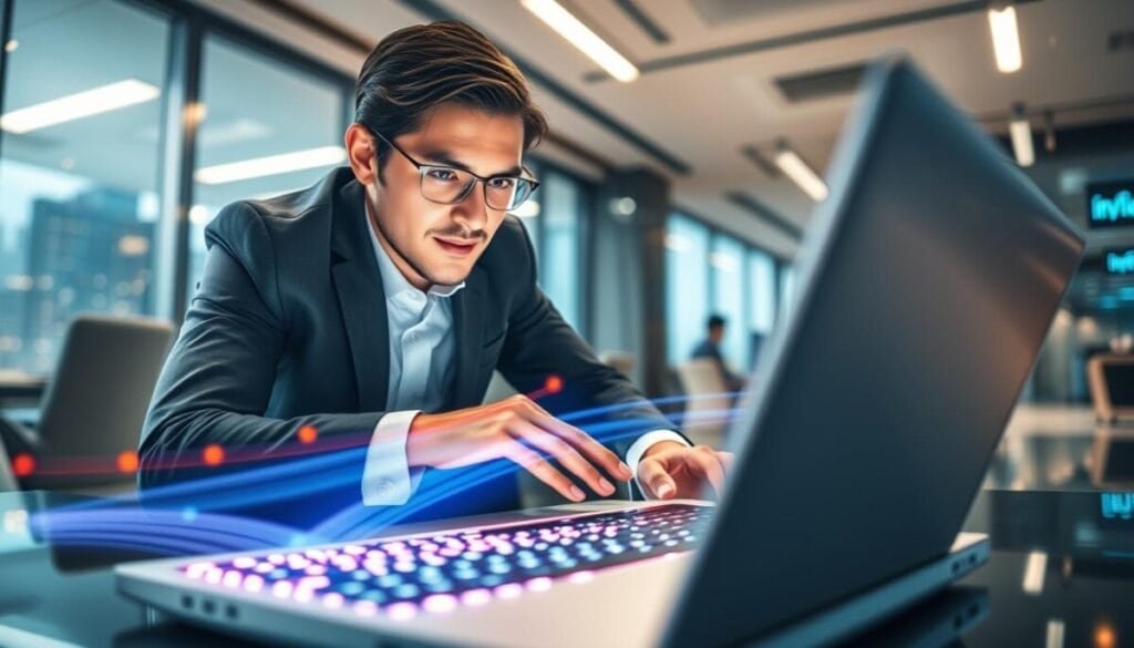 A dynamic digital landscape illustrating the concept of "speed experience" in AI conversations. In the foreground, a sleek laptop with glowing keys emits vibrant light, symbolizing rapid voice-to-text processing. A confident professional, dressed in smart business attire, leans over the laptop, their face displaying concentration and excitement, embodying the thrill of fast-paced communication. In the middle ground, swirling lines of light represent data streams and sound waves, visualizing the speed of AI interactions. The background features a modern office environment with soft focus, subtle reflections of city lights, deepening the sense of urgency and motion. Use bright, energetic colors with a slightly futuristic feel. The lighting should be bright and dynamic, capturing an atmosphere of innovation and efficiency, shot from a low angle to emphasize the powerful technology at work.