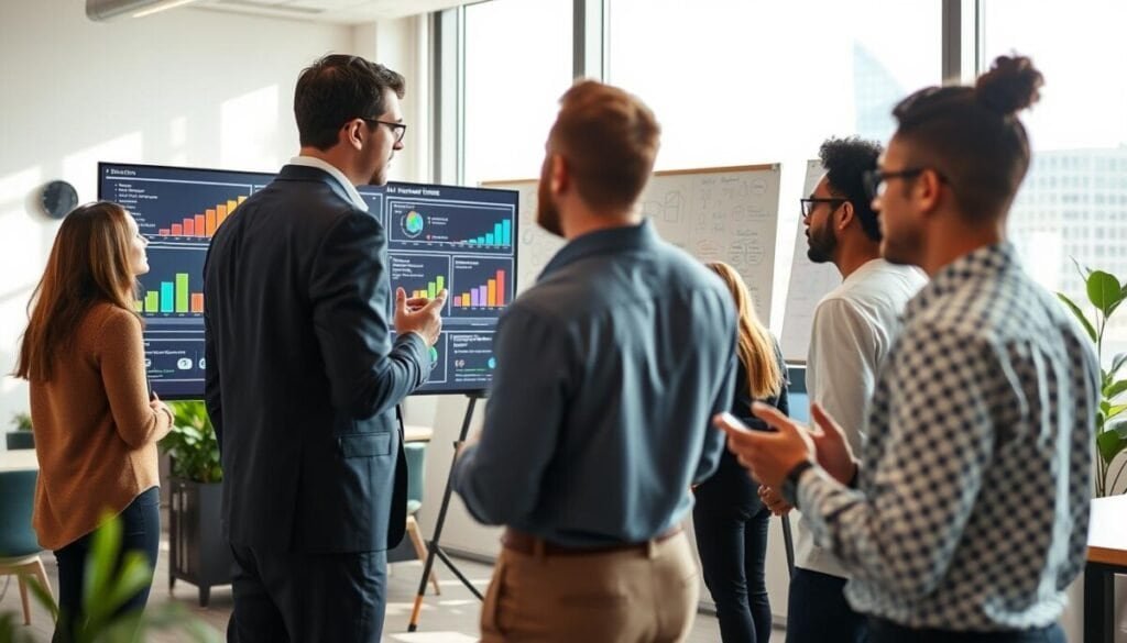 A dynamic office environment featuring a diverse team of professionals actively engaged in discussions about AI scaling strategies. In the foreground, two colleagues in business attire analyze data on a large screen, showcasing colorful charts and graphs depicting growth and efficiency. In the middle ground, a whiteboard filled with diagrams and notes highlights best practices for AI agent optimization. In the background, bright natural light streams through large windows, creating an inviting atmosphere that fosters collaboration and innovation. The camera angle is slightly elevated, capturing the energy of teamwork and strategic planning. The overall mood is inspiring and forward-thinking, emphasizing the importance of effective scaling in AI. A dynamic office environment featuring a diverse team of professionals actively engaged in discussions about AI scaling strategies. In the foreground, two colleagues in business attire analyze data on a large screen, showcasing colorful charts and graphs depicting growth and efficiency. In the middle ground, a whiteboard filled with diagrams and notes highlights best practices for AI agent optimization. In the background, bright natural light streams through large windows, creating an inviting atmosphere that fosters collaboration and innovation. The camera angle is slightly elevated, capturing the energy of teamwork and strategic planning. The overall mood is inspiring and forward-thinking, emphasizing the importance of effective scaling in AI.