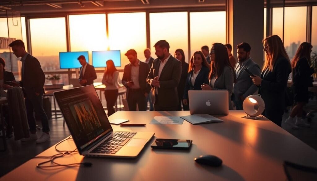 A dynamic scene illustrating the concept of "lighting" in a creative workspace. In the foreground, a modern desk with a high-quality laptop and design tools, illuminated by soft, warm lighting. In the middle ground, a diverse group of professionals in business attire, deep in collaboration, their faces lit by the glow of various screens. The background features large windows showcasing a sunset, bathing the room in a golden hue and casting long shadows for depth. The atmosphere is vibrant yet focused, with an emphasis on innovation and creativity, suggesting the harnessing of advanced features in technology. The composition should utilize a wide-angle lens to capture a comprehensive view, enhancing the sense of space and connection among the individuals.