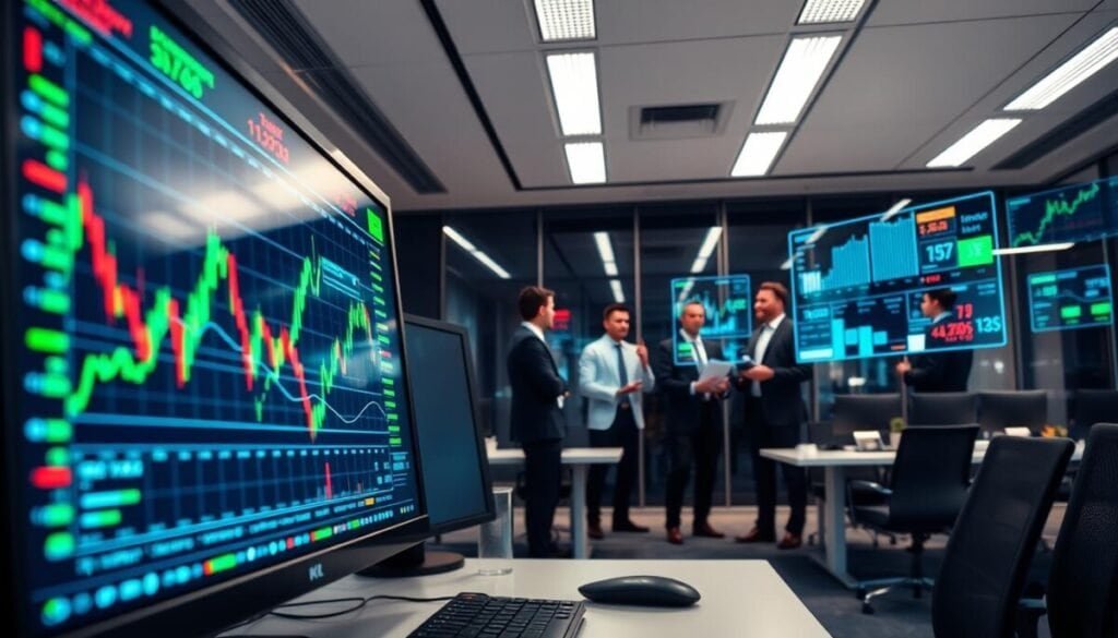 A dynamic trading pipeline scene illustrating a high-tech digital interface. In the foreground, a computer screen displays intricate graphs and trading metrics, with bright data visuals in green and red, showcasing market trends. The middle ground features a diverse group of professionals in smart business attire, engaged in discussion and analysis, surrounded by floating holographic screens with data overlays. In the background, the ambiance of a modern office with sleek design elements, soft overhead lighting creating a focused atmosphere. The image conveys a sense of collaboration and innovation, encapsulating the excitement of orchestrating a successful trading strategy. The angle is slightly elevated, capturing both the human elements and the technology of the trading environment.