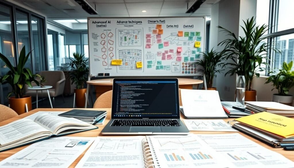 A dynamic workspace filled with various forms of documentation related to artificial intelligence. In the foreground, a neatly organized desk with open notebooks, printed papers with graphs and charts, and a high-tech laptop displaying code and algorithms. In the middle ground, a large whiteboard covered with colorful diagrams and sticky notes outlining advanced techniques for AI agents. The background features a modern office setting with soft ambient lighting, plants for a touch of nature, and a window showcasing a cityscape. The atmosphere is collaborative and innovative, conveying a sense of focus and creativity in advancing AI understanding. The scene is shot from a slightly elevated angle, emphasizing the work being done without any people present in the image.