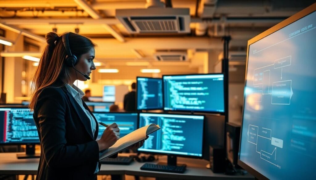 A focused and dynamic scene of an IT agent troubleshooting a complex system. In the foreground, a professional female agent in smart casual attire, with a headset and laptop, intently analyzing code on her screen and jotting down notes. In the middle ground, an open workspace filled with computer monitors displaying diagnostic data and error messages, alongside a digital whiteboard with flowcharts and troubleshooting steps. The background features a modern office environment with warm lighting that enhances concentration, creating a supportive atmosphere for problem-solving. The camera angle is slightly elevated, providing depth to the scene while highlighting the agent's engagement in resolving issues. The overall mood is productive and energetic, emphasizing collaboration and expertise in overcoming technical challenges.