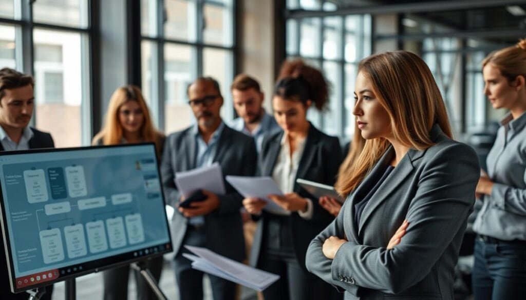 A focused business environment showcasing a diverse group of professionals engaged in a meeting about managing token usage and task budgets. In the foreground, a confident woman in smart business attire explains a flowchart on a digital display illustrating token metrics. In the middle, a diverse team of men and women, dressed in professional clothing, attentively review documents and laptops, depicting collaboration and discussion. The background features a modern office setting with large windows providing natural light, creating an open and innovative atmosphere. The mood is dynamic and thoughtful, emphasizing teamwork and strategy. Use soft lighting and a slightly elevated angle to enhance the depth of the scene. Avoid any text or branding, creating a clear focus on the teamwork aspect of token management.