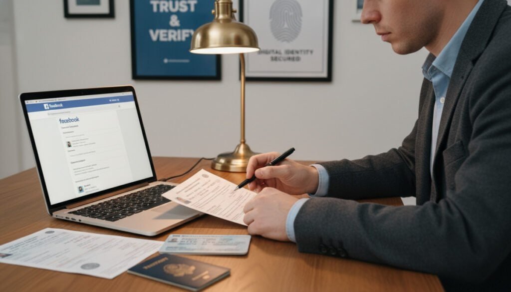 A focused scene depicting a professional workspace set up for troubleshooting Facebook identity verification. In the foreground, a laptop with a bright screen displays a Facebook verification page, surrounded by various official identification documents neatly organized. A person in business attire, appearing thoughtful and engaged, is seated at the desk, reviewing the documents with a pen in hand. In the middle ground, a clutter-free desk with a workspace lamp emitting warm light creates a cozy yet professional atmosphere. The background features a softly blurred wall with motivational posters about verification and identity security. The lighting is soft yet direct, capturing the sense of diligence and problem-solving within a calm ambiance, emphasizing the mood of determination and clarity. A focused scene depicting a professional workspace set up for troubleshooting Facebook identity verification. In the foreground, a laptop with a bright screen displays a Facebook verification page, surrounded by various official identification documents neatly organized. A person in business attire, appearing thoughtful and engaged, is seated at the desk, reviewing the documents with a pen in hand. In the middle ground, a clutter-free desk with a workspace lamp emitting warm light creates a cozy yet professional atmosphere. The background features a softly blurred wall with motivational posters about verification and identity security. The lighting is soft yet direct, capturing the sense of diligence and problem-solving within a calm ambiance, emphasizing the mood of determination and clarity.
