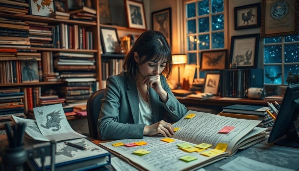 A focused scene of a writer at a desk surrounded by complex character profiles and worldbuilding sketches. In the foreground, a thoughtful female writer in smart casual attire is intently studying character notes on an open manuscript, with a variety of colorful sticky notes scattered around. The middle ground features shelves filled with books, world maps, and sketches of fantastical creatures. A dim desk lamp casts a warm glow, enhancing the atmosphere of creativity and contemplation. The background reveals a cozy, cluttered study with framed art and a large window showing a starry night sky, creating a whimsical, imaginative mood. The composition should feel intimate and inspiring, shot from a slightly elevated angle to capture both the writer and the enchanting surroundings effectively.