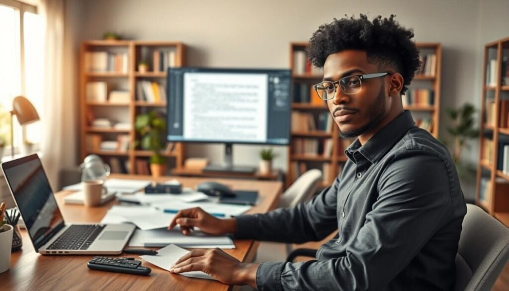 A focused workspace scene showcasing a professional editor engaged in manual text editing. The foreground features a diverse individual, dressed in smart casual attire, sitting at a modern wooden desk cluttered with paper notes, a laptop, and editing tools. In the middle ground, a large screen displays an editing software interface, highlighting text revisions. The background reveals a well-lit office with bookshelves filled with literature, and soft natural light filtering through a window, creating an inviting atmosphere. The editor's expression is thoughtful and engaged, capturing the essence of careful, humanized editing. The mood is productive and inspiring, emphasizing the importance of manual editing in enhancing content quality. A focused workspace scene showcasing a professional editor engaged in manual text editing. The foreground features a diverse individual, dressed in smart casual attire, sitting at a modern wooden desk cluttered with paper notes, a laptop, and editing tools. In the middle ground, a large screen displays an editing software interface, highlighting text revisions. The background reveals a well-lit office with bookshelves filled with literature, and soft natural light filtering through a window, creating an inviting atmosphere. The editor's expression is thoughtful and engaged, capturing the essence of careful, humanized editing. The mood is productive and inspiring, emphasizing the importance of manual editing in enhancing content quality.