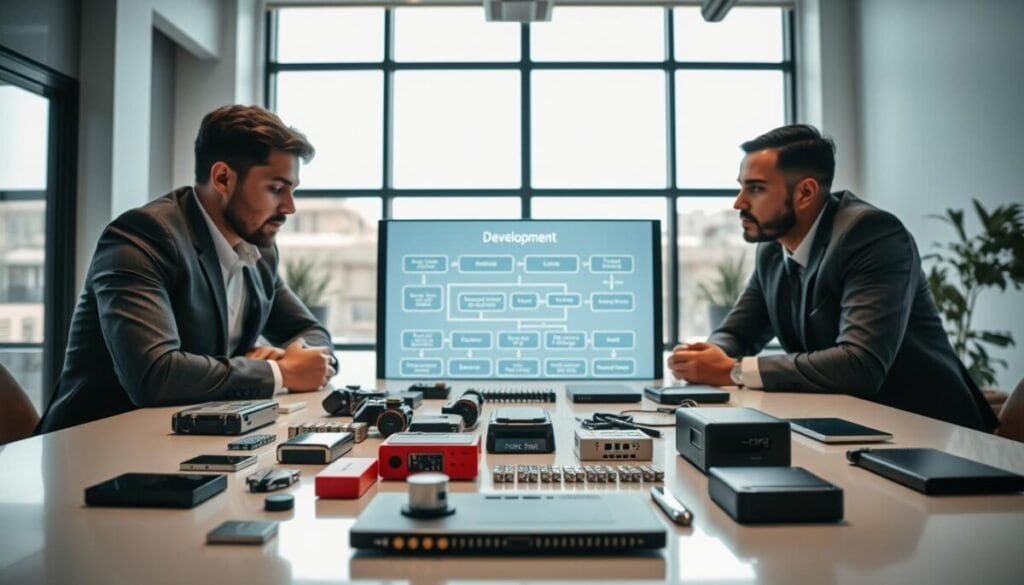 A focused workspace showcasing a diverse group of three professionals—two men and one woman—dressed in smart business attire, collaboratively assessing various tools displayed on a sleek modern table. In the foreground, high-tech gadgets, software icons, and development tools are meticulously arranged, symbolizing different stages of project development. The middle ground features a digital screen displaying a flowchart of development phases. In the background, large windows let in natural light, illuminating the space with a soft glow, creating a collaborative and thoughtful atmosphere. The camera angle is slightly above eye level, capturing the engaged expressions on their faces as they analyze and discuss their options. The mood is focused and innovative, portraying an environment ripe for decision-making.