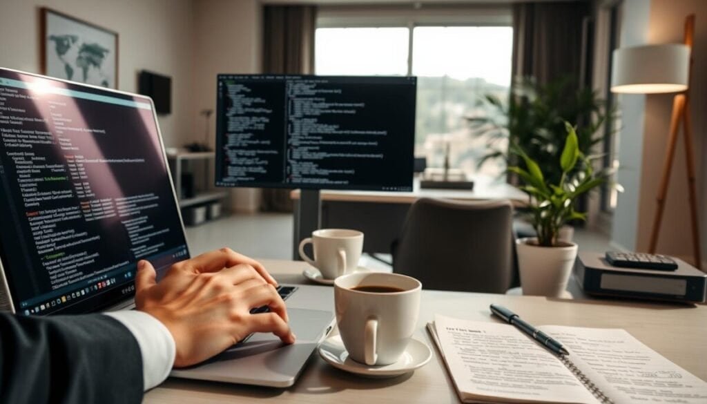 A focused workspace showcasing a terminal window running Tmux on a sleek laptop, with multiple session panes open, each displaying different commands and outputs. In the foreground, a pair of hands, clad in professional business attire, skillfully navigates the keyboard with light reflecting off the screen. The middle ground features a modern desk with a cup of coffee, a notepad filled with technical notes, and a small potted plant, lending a touch of life to the scene. The background captures a softly illuminated room, with a large window allowing natural light to filter in. The mood is one of productivity and concentration, emphasizing an efficient and organized environment for tech-savvy professionals.