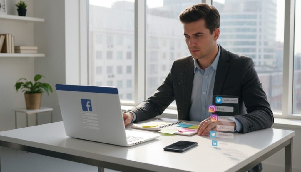 A focused young business professional sits at a sleek, modern desk cluttered with multiple electronic devices displaying various social media accounts. The foreground features a laptop screen with a vibrant Facebook login page, while a smartphone shows notifications from other accounts like Instagram and Twitter. The middle ground reveals a notepad filled with colorful sticky notes labeled with different account names and passwords. In the background, a stylish office space with a large window allows soft natural light to flood the room, creating a warm and productive atmosphere. The professional, dressed in smart casual attire, looks thoughtfully at the screens, embodying determination and organization. Capture this scene from a slightly elevated angle, emphasizing the busy yet controlled nature of managing multiple accounts.