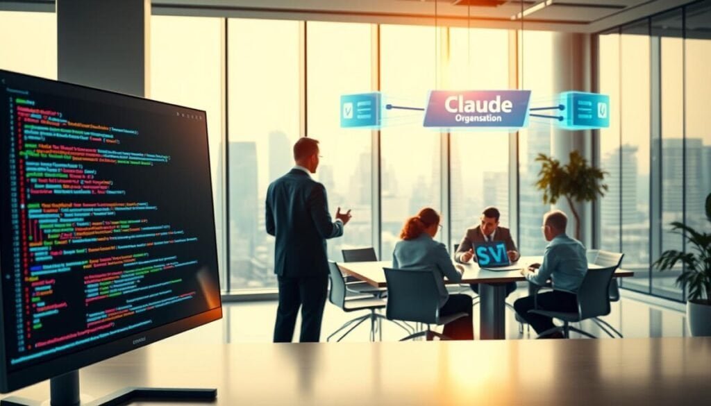 A futuristic digital workspace showcasing the essence of "Claude," an AI code assistant. In the foreground, a sleek computer monitor displays colorful, complex code snippets and orchestration diagrams, emanating a soft glow. In the middle ground, a diverse group of professionals in business attire engages in collaborative discussions around a modern conference table, with holographic displays of multi-agent systems hovering above. The background features large windows revealing a bright cityscape, suggesting innovation and connectivity. The lighting is bright and inviting, creating a dynamic and inspiring atmosphere. The overall mood conveys teamwork and cutting-edge technology, emphasizing the theme of multi-agent orchestration and collaboration.