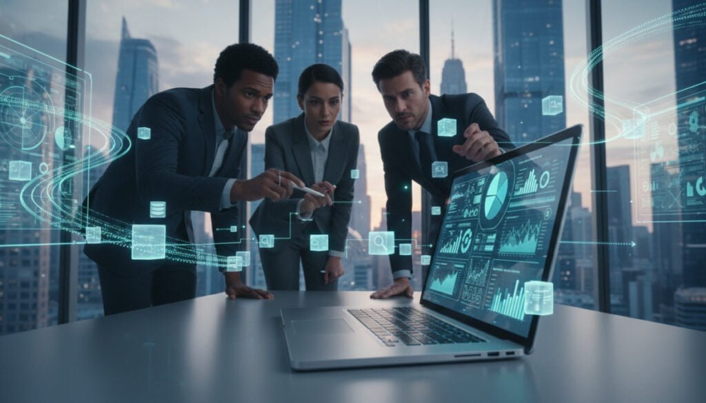 A futuristic digital workspace showcasing web data extraction in action. Foreground: A sleek, high-tech laptop displaying intricate graphs and analytics on its screen, surrounded by scattered data packets and digital icons. Middle: A diverse group of three professionals in business attire, deeply engaged in discussion, pointing at the laptop and analyzing data trends, with expressions of focus and curiosity. Background: A modern office environment with large windows revealing a city skyline, ambient lighting casting gentle glows, and holographic elements displaying flowing data streams. The overall mood is dynamic and innovative, evoking a sense of progress and technological advancement, captured from a slightly elevated angle to emphasize the activity and interaction. A futuristic digital workspace showcasing web data extraction in action. Foreground: A sleek, high-tech laptop displaying intricate graphs and analytics on its screen, surrounded by scattered data packets and digital icons. Middle: A diverse group of three professionals in business attire, deeply engaged in discussion, pointing at the laptop and analyzing data trends, with expressions of focus and curiosity. Background: A modern office environment with large windows revealing a city skyline, ambient lighting casting gentle glows, and holographic elements displaying flowing data streams. The overall mood is dynamic and innovative, evoking a sense of progress and technological advancement, captured from a slightly elevated angle to emphasize the activity and interaction.
