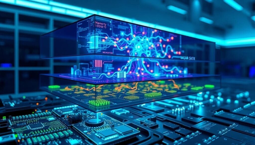 A futuristic layered memory system concept, with detailed visual layers representing different levels of memory. In the foreground, intricate circuits and microprocessors are depicted, glowing softly with blue and green lights, showcasing detailed textures. The middle layer features abstract representations of data flows and neural networks, interconnected with vibrant lines and nodes, hinting at complex cognitive processes. The background is a sleek digital environment, with soft gradients of blue and purple to convey a sense of depth and technology. The lighting is dramatic, highlighting the key features with soft shadows, and the angle is slightly elevated to provide a comprehensive view of the entire system. The mood is innovative and thought-provoking, inviting exploration of advanced technology and its applications.