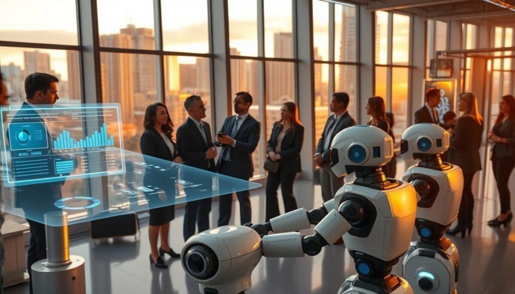 A futuristic office environment filled with advanced technology illustrating Claude Code's autonomous operations. In the foreground, a diverse group of professionals dressed in smart business attire are engaged in a collaborative discussion around a holographic interface displaying data analytics and autonomous workflows. In the middle ground, sleek robots are interfacing with various technical devices, demonstrating AI-driven task execution. The background features large windows with a cityscape view, bathed in warm, golden light of sunset, casting soft shadows. The overall atmosphere is one of innovation and efficiency, highlighting the strengths of autonomous operations with a clean and modern aesthetic. Use a wide-angle lens perspective to create depth, emphasizing both the people and technology in harmony.